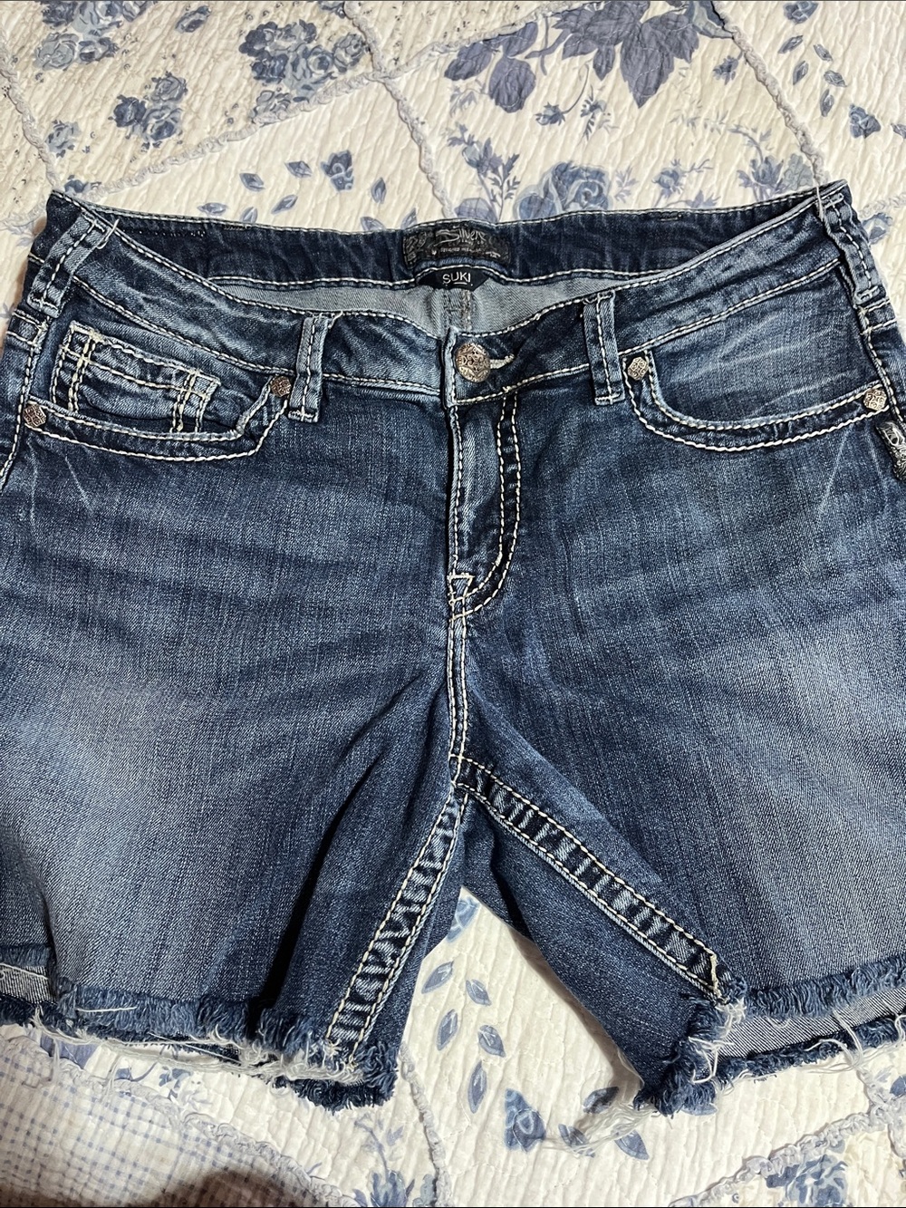 Silver Jeans Distressed Dark Blue Denim Shorts